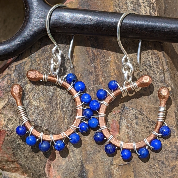 Artisan Jewelry - Artisan Lapis Lazuli Horseshoe Earrings Copper With Sterling Silver Wrap